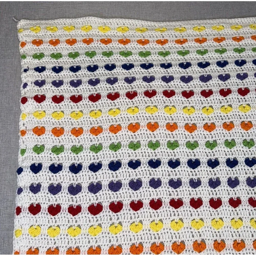 Handmade Crochet Rainbow Heart Baby Blanket Afghan Grandma Grannycore 34